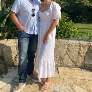 Faithfull the Brand White Midi Dress with Puff Sleeves